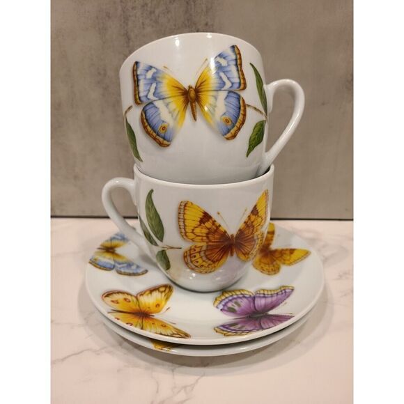 Neiman Marcus set (2) Butterfly Tea Cups saucers 8 oz | 3"H Porcelain Coffee - Picture 1 of 11